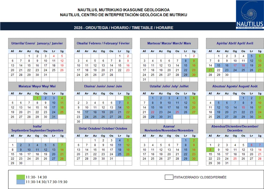 Horario 2025 centro de interpretación Nautilus
